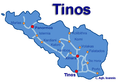 map of greece and islands. tinos greece - tinos island